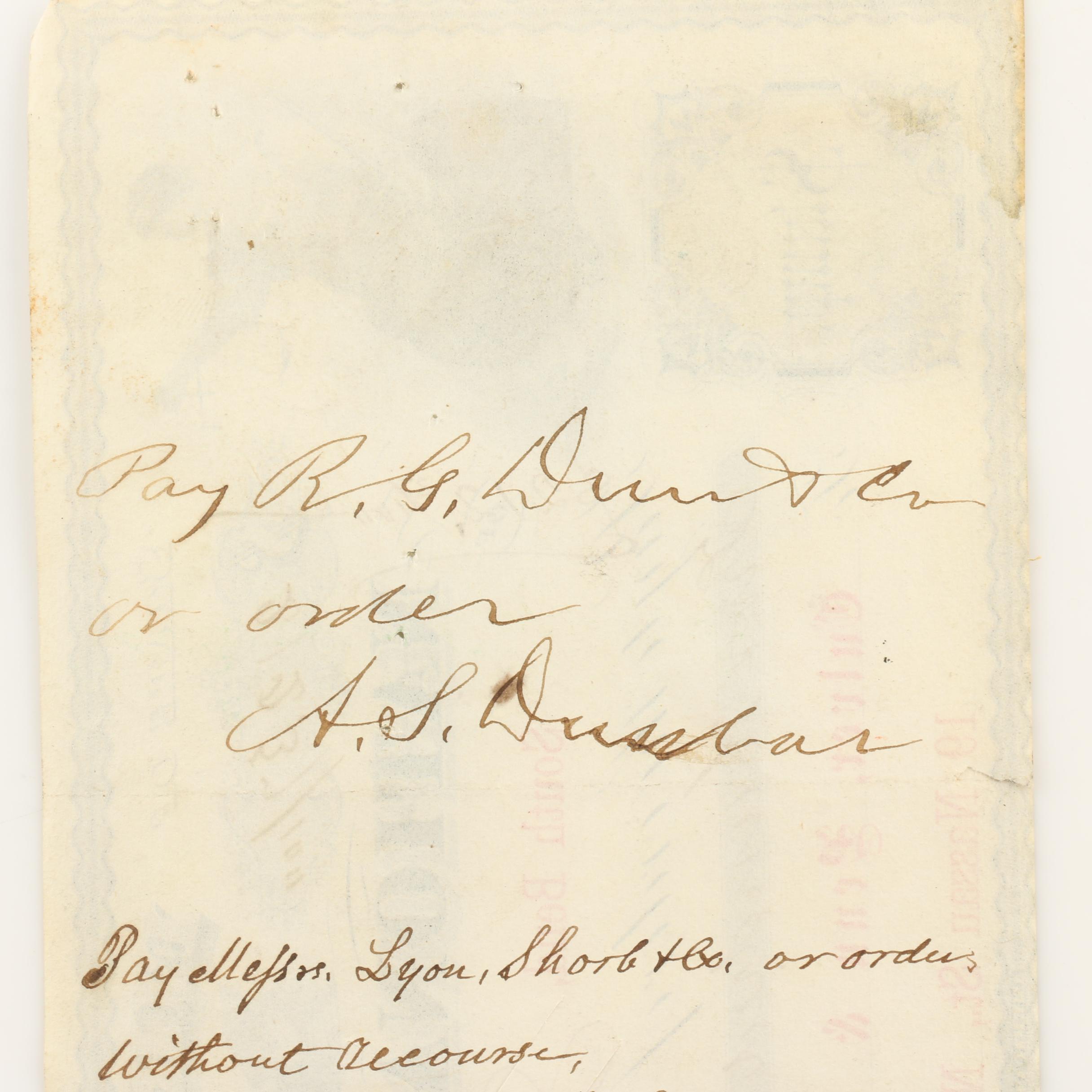 Four Antique Obsolete Currency Notes from the 1850s and 1860s and a Check