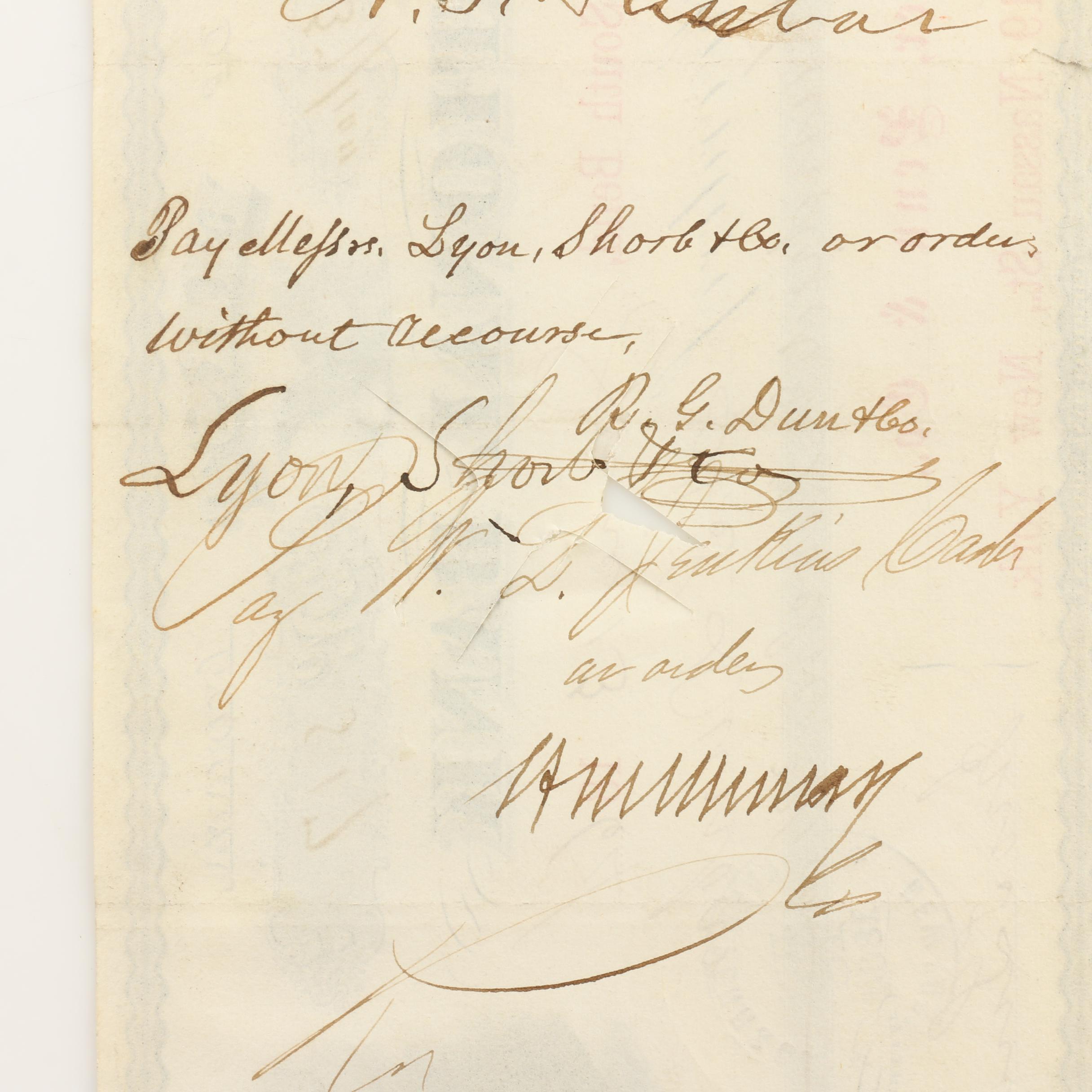 Four Antique Obsolete Currency Notes from the 1850s and 1860s and a Check