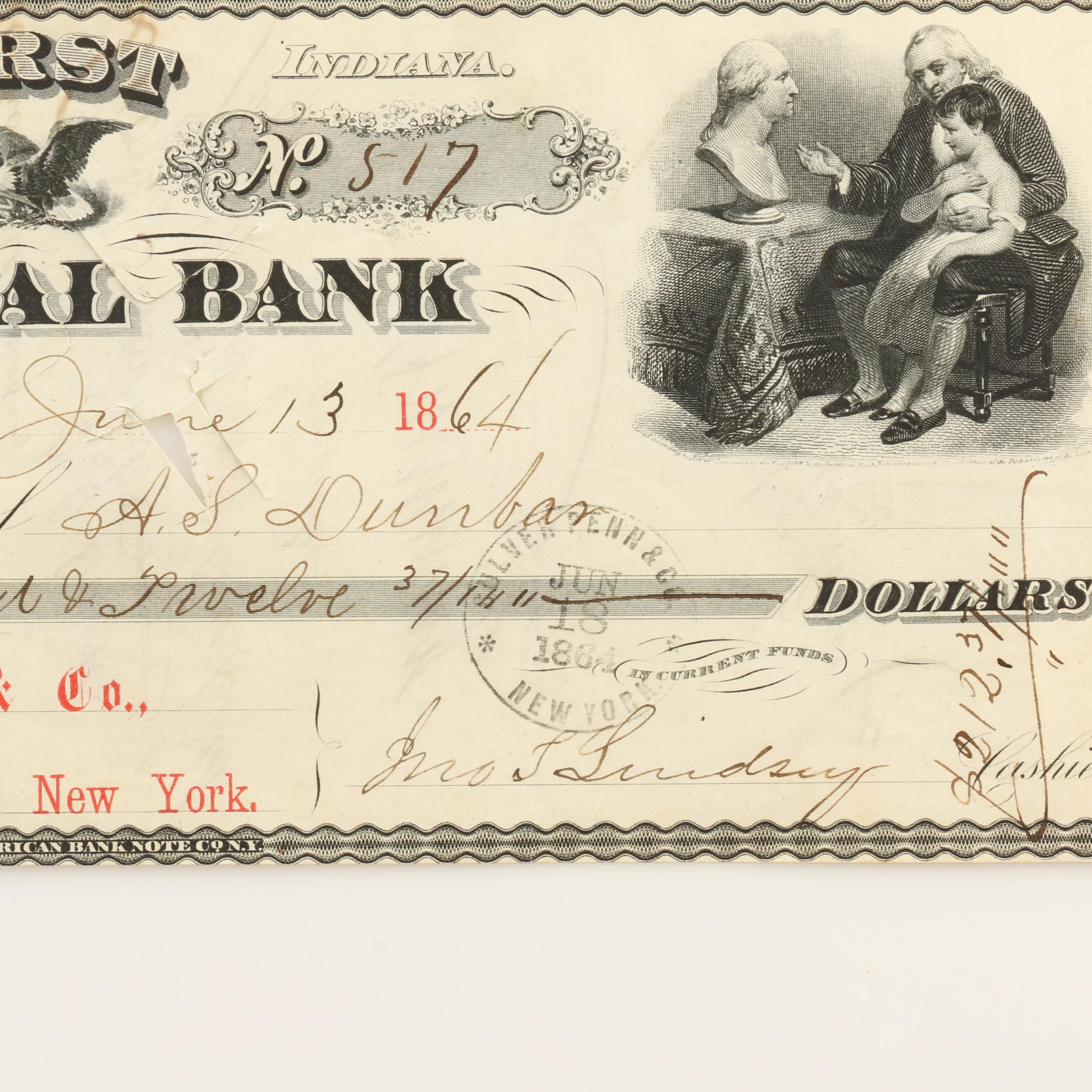 Four Antique Obsolete Currency Notes from the 1850s and 1860s and a Check