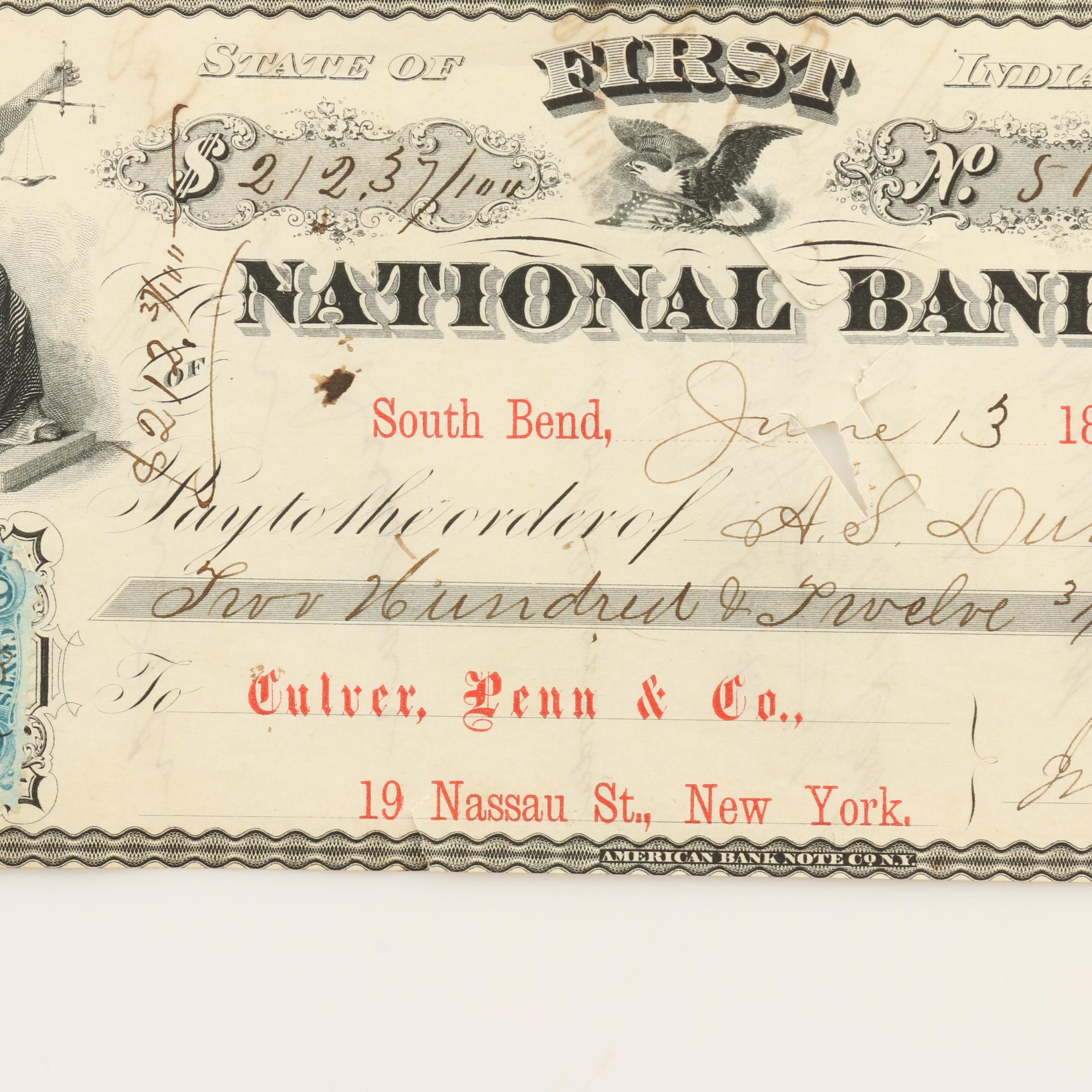 Four Antique Obsolete Currency Notes from the 1850s and 1860s and a Check