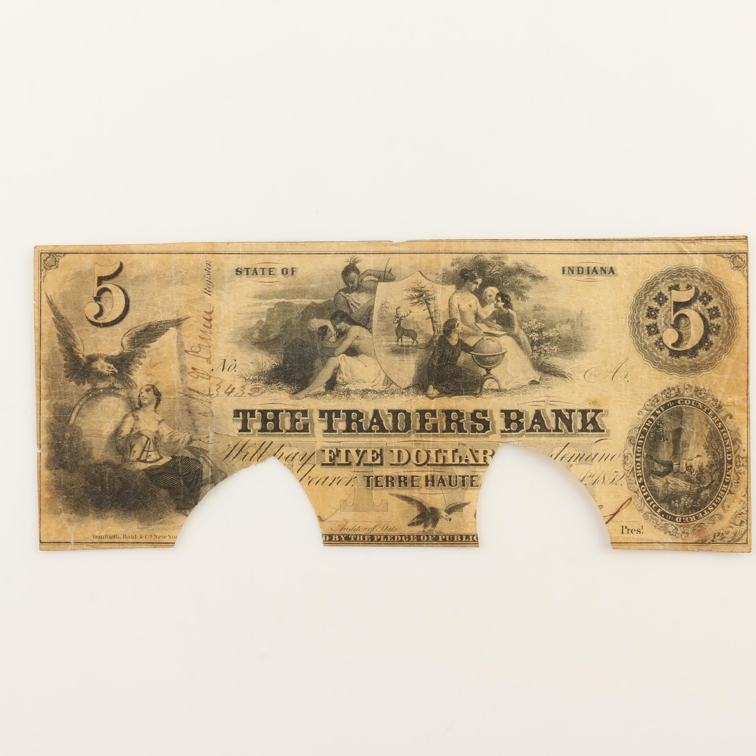Four Antique Obsolete Currency Notes from the 1850s and 1860s and a Check