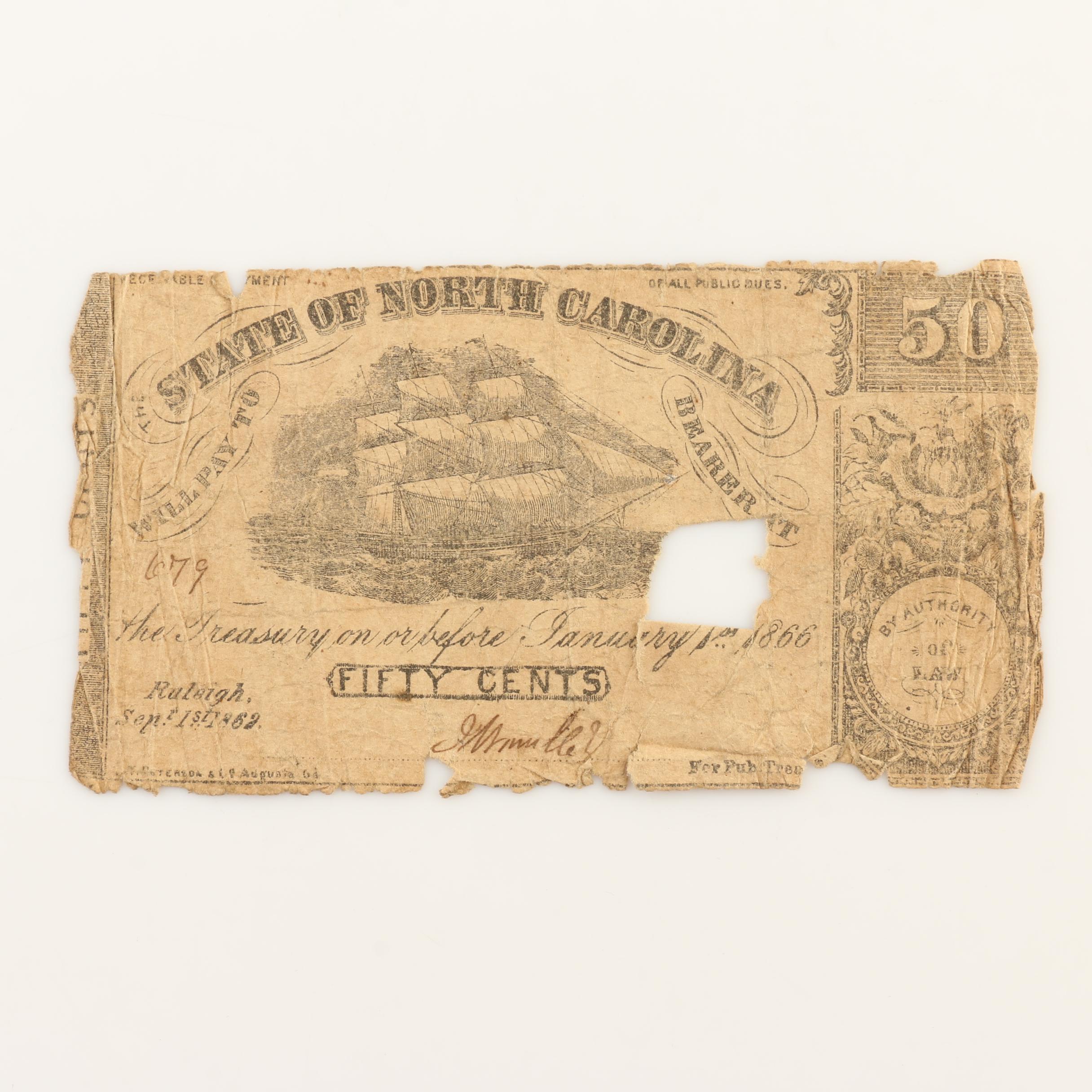 Four Antique Obsolete Currency Notes from the 1850s and 1860s and a Check