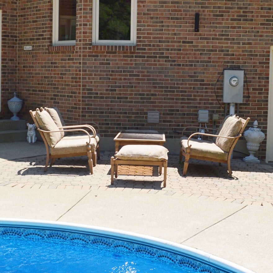 Hampton-Bay Patio Sofas, Coffee Table, and Ottomans