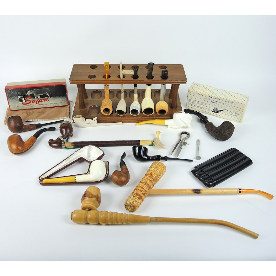 Vintage Smoking Pipe Collection with Briarwood, Meerschaum and Stand