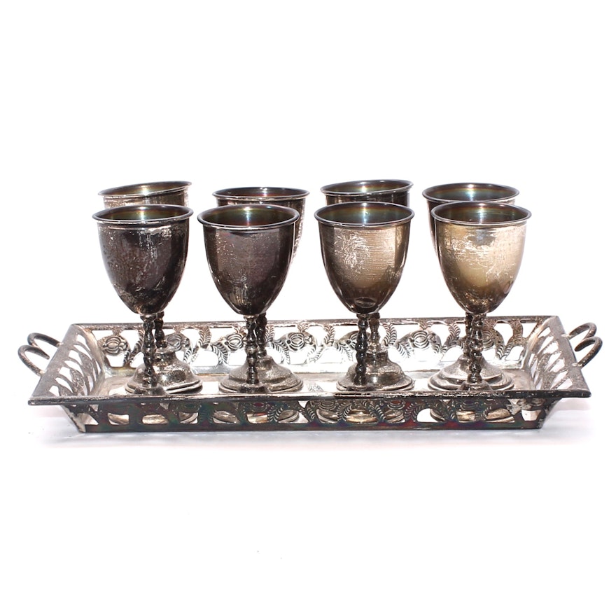 Sterling Silver Liqueur Glasses and Pierced Serving Tray