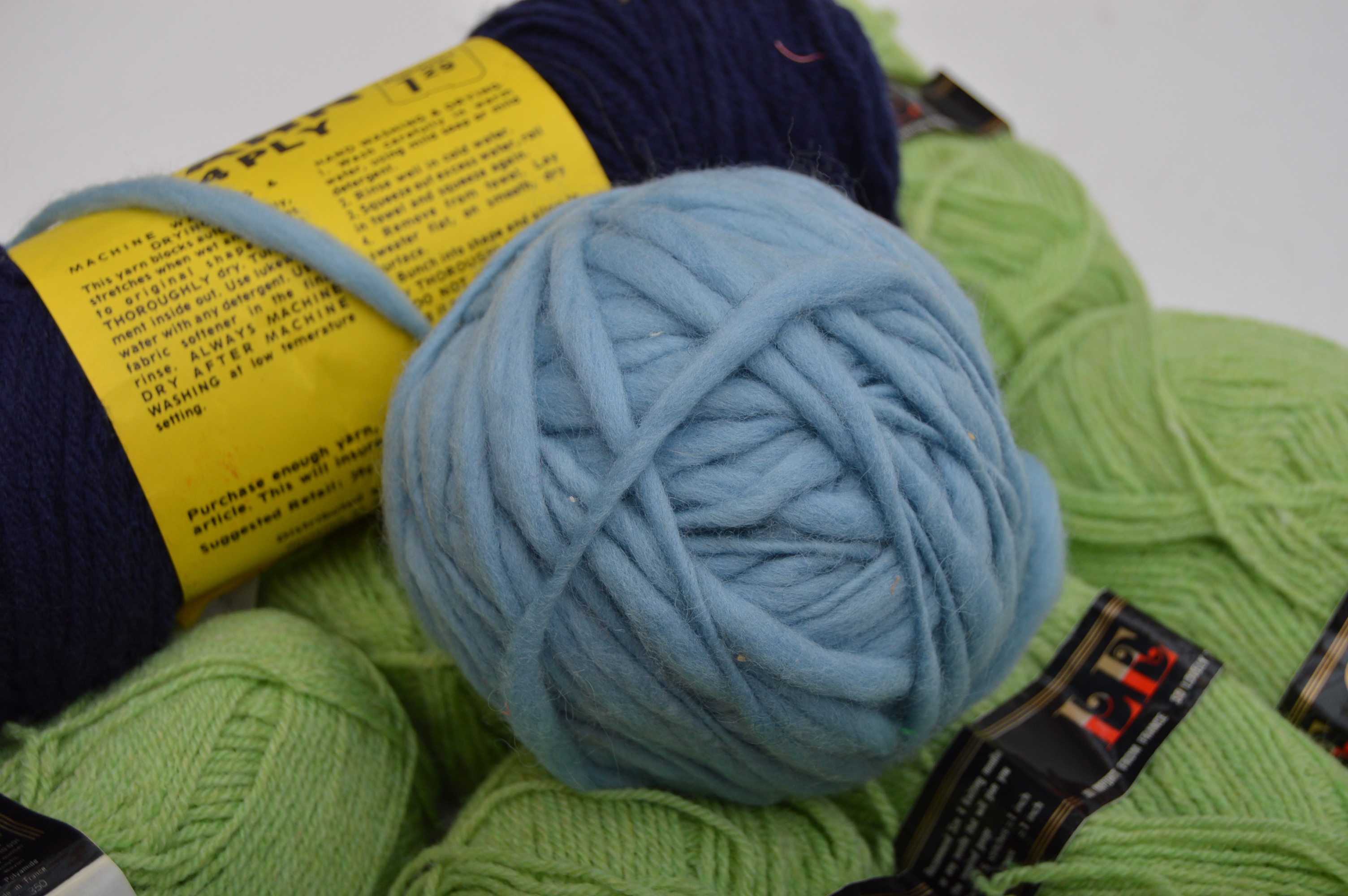 Acrylic and Wool Knitting Yarn in Greens and Blues