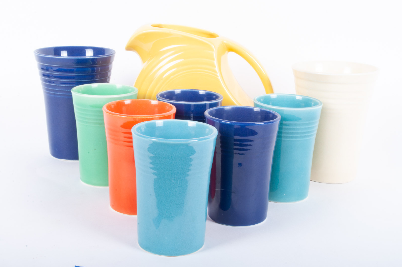 Vintage Homer Laughlin "Fiesta" Ware Tumblers and Disk Pitcher