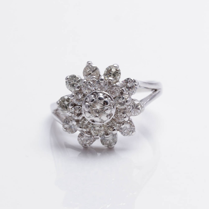 Exquisite 14K White Gold Diamond Cluster Ring