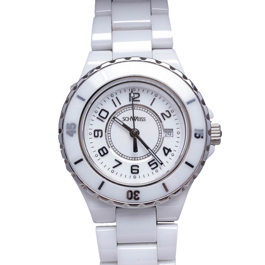 Schweiss Swiss Stainless Steel and White Ceramic Wristwatch