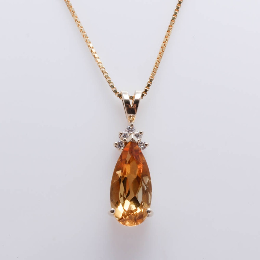 14K Yellow Gold 2.94 CT Citrine and Diamond Pendant Necklace