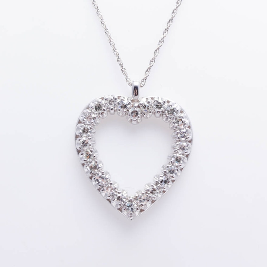 14K White Gold 0.95 CTW Diamond Heart Pendant Necklace