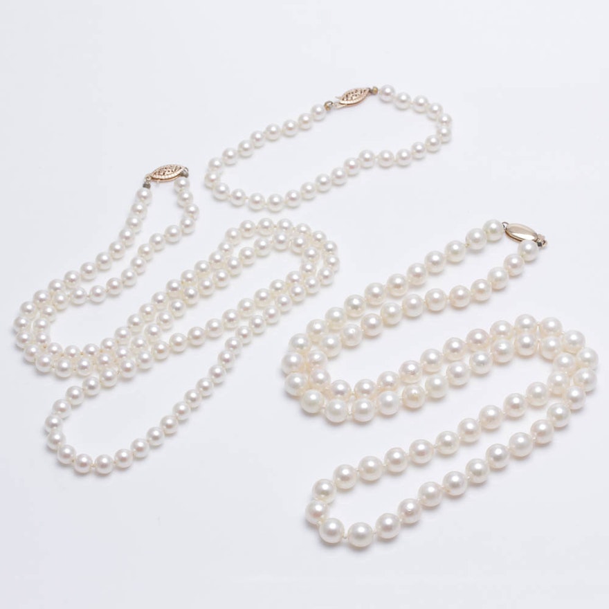 Freshwater Pearl Necklaces and Bracelet with 14K Yellow Gold Clasps