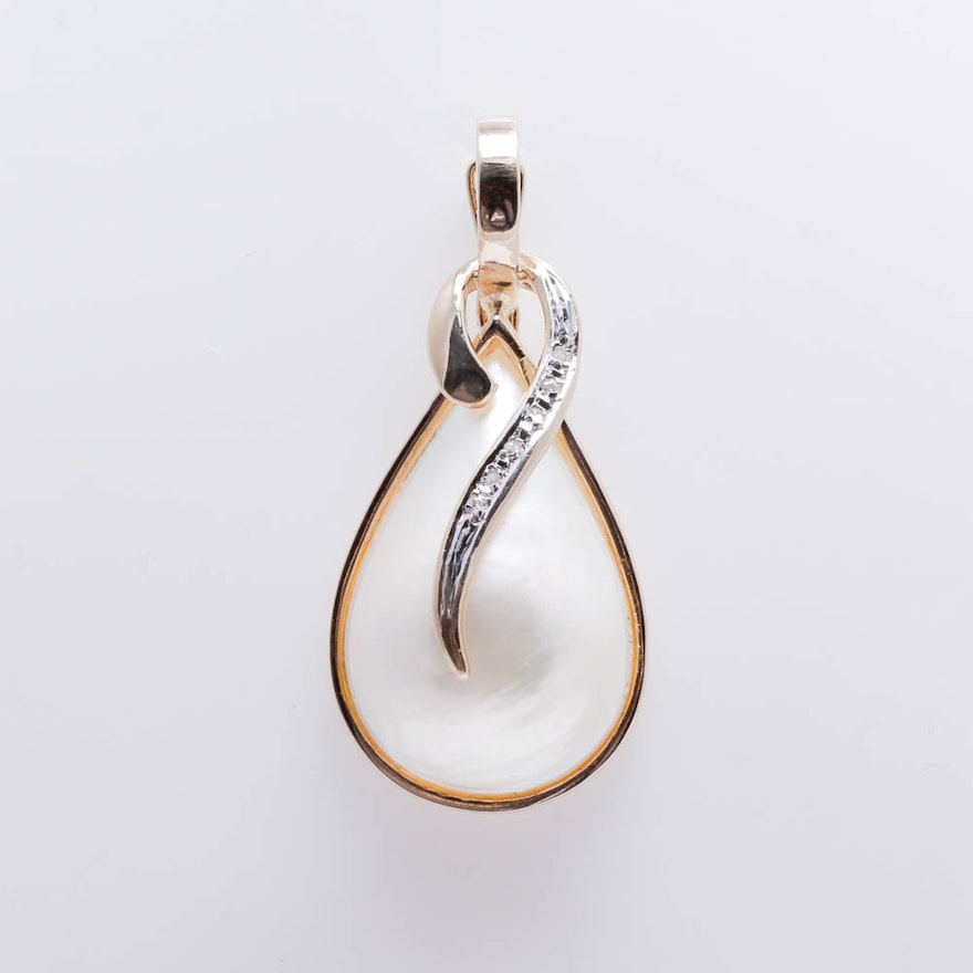 14K Yellow Gold Mabe' Pearl and Diamond Pendant