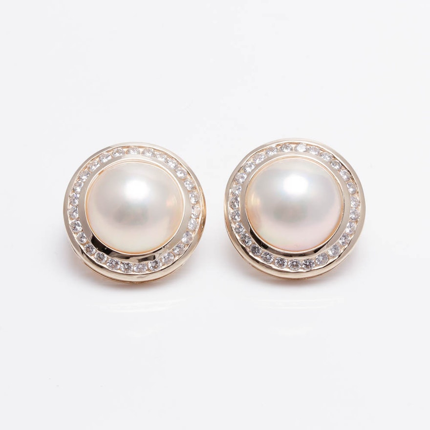 14K Yellow Gold Mabe Pearl and 1.00 CTW Diamond Earrings