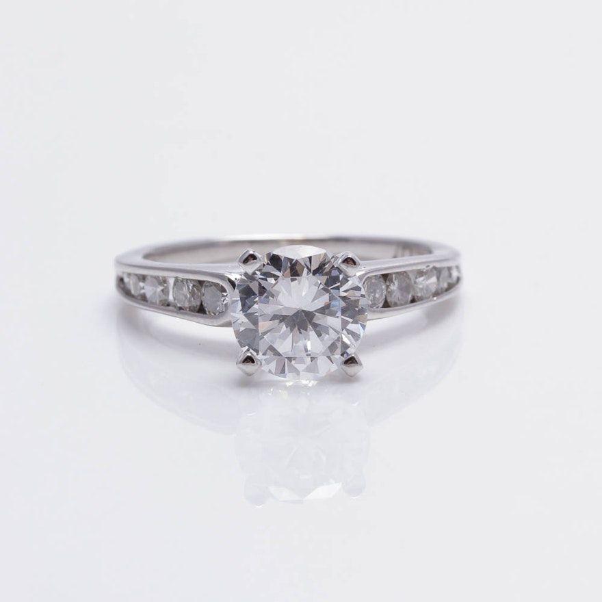 14K White Gold Diamond Engagement Ring with Cubic Zirconia Center