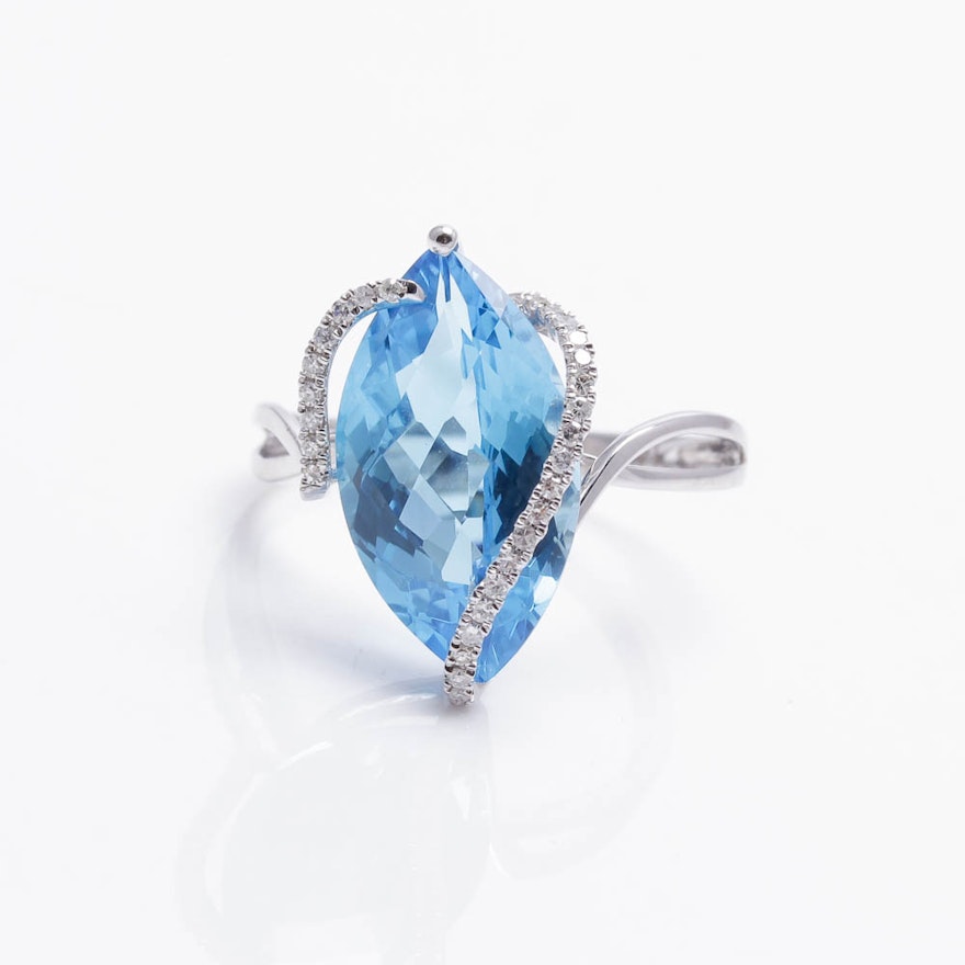 14K White Gold 6.55 CT Blue Topaz and Cubic Zirconia Ring