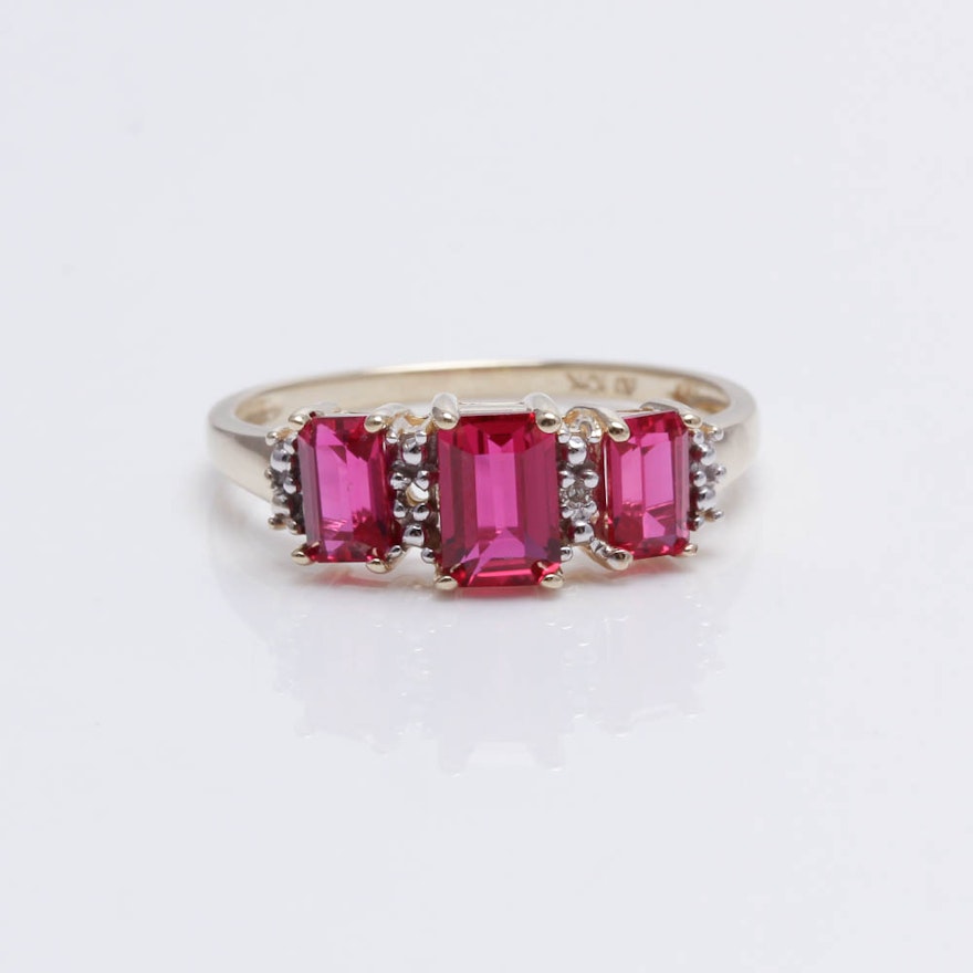 14K Yellow Gold Synthetic Ruby and Diamond Ring