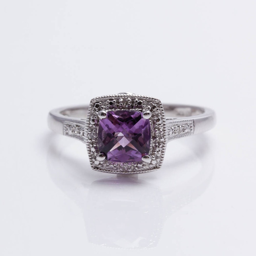 10K White Gold Amethyst and Diamond Ring