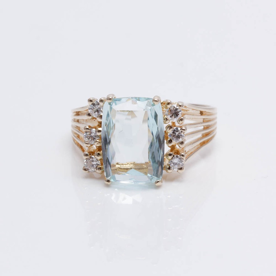 14K Yellow Gold 3.55 CT Aquamarine and Diamond Ring