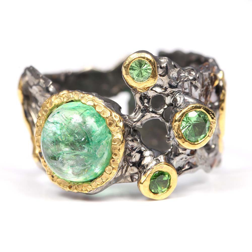 Sterling Silver, 1.65 CT Emerald, and Peridot Ring