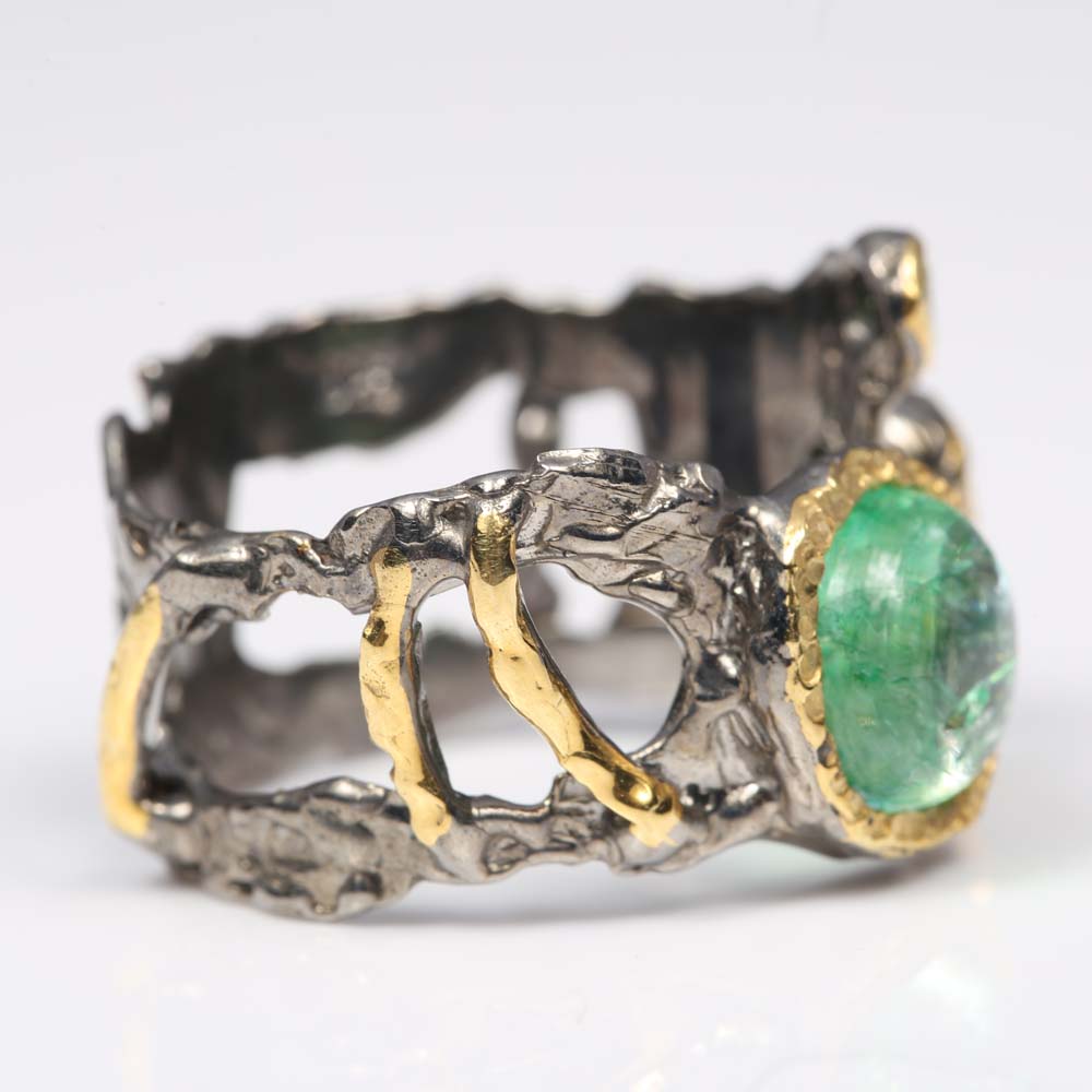 Sterling Silver, 1.65 CT Emerald, and Peridot Ring