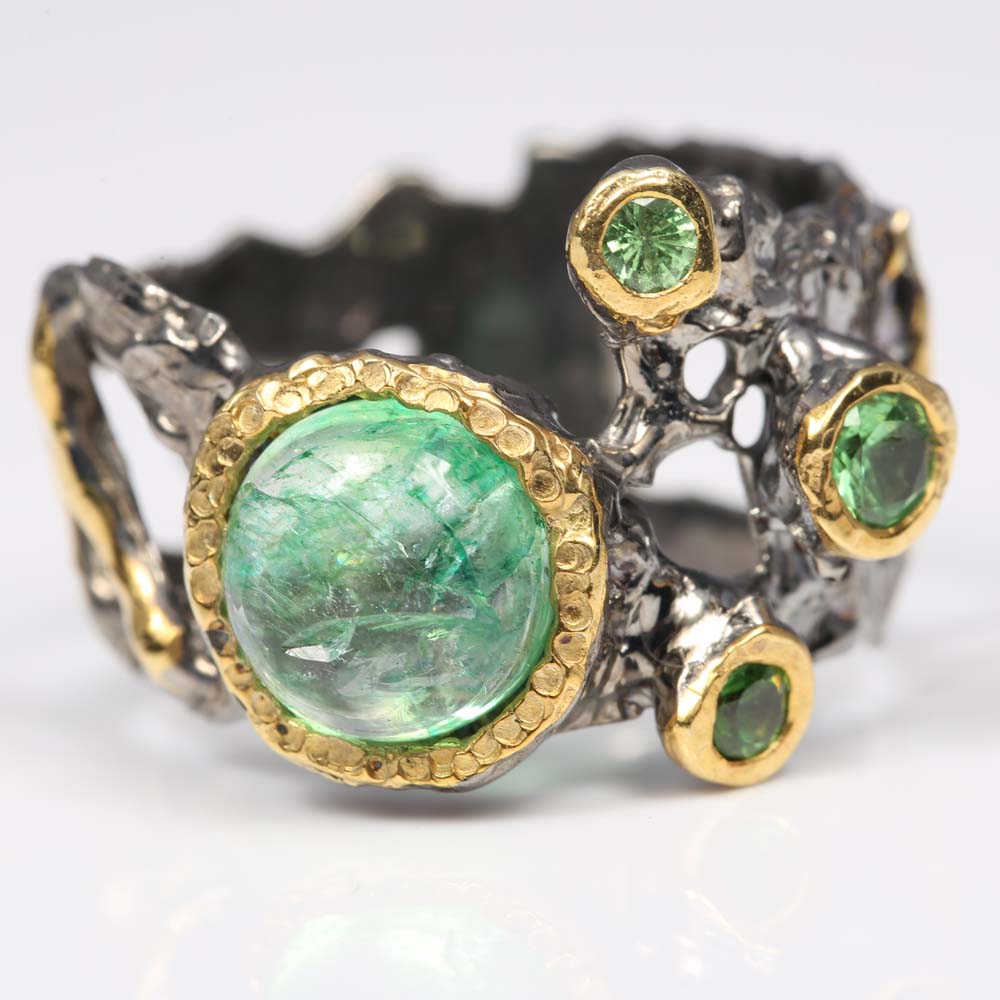 Sterling Silver, 1.65 CT Emerald, and Peridot Ring