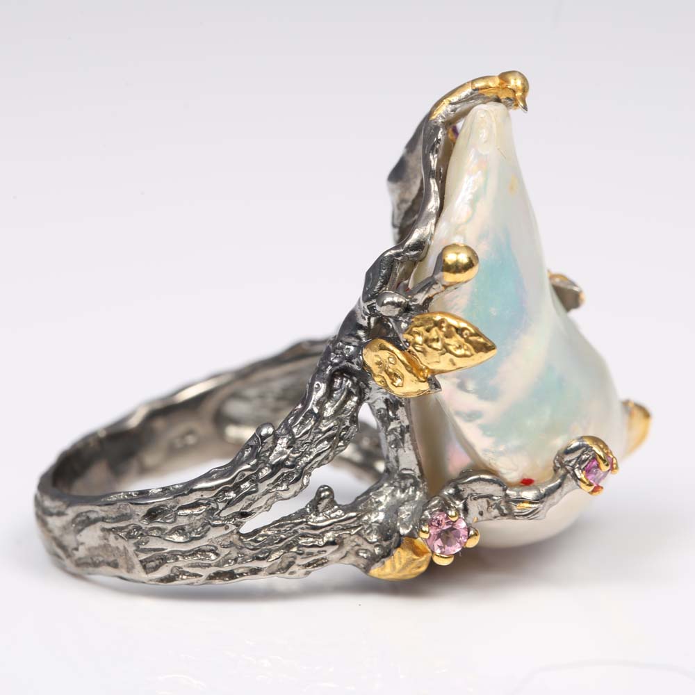 Sterling Silver Freshwater Pearl and Multi-Gemstone Ring