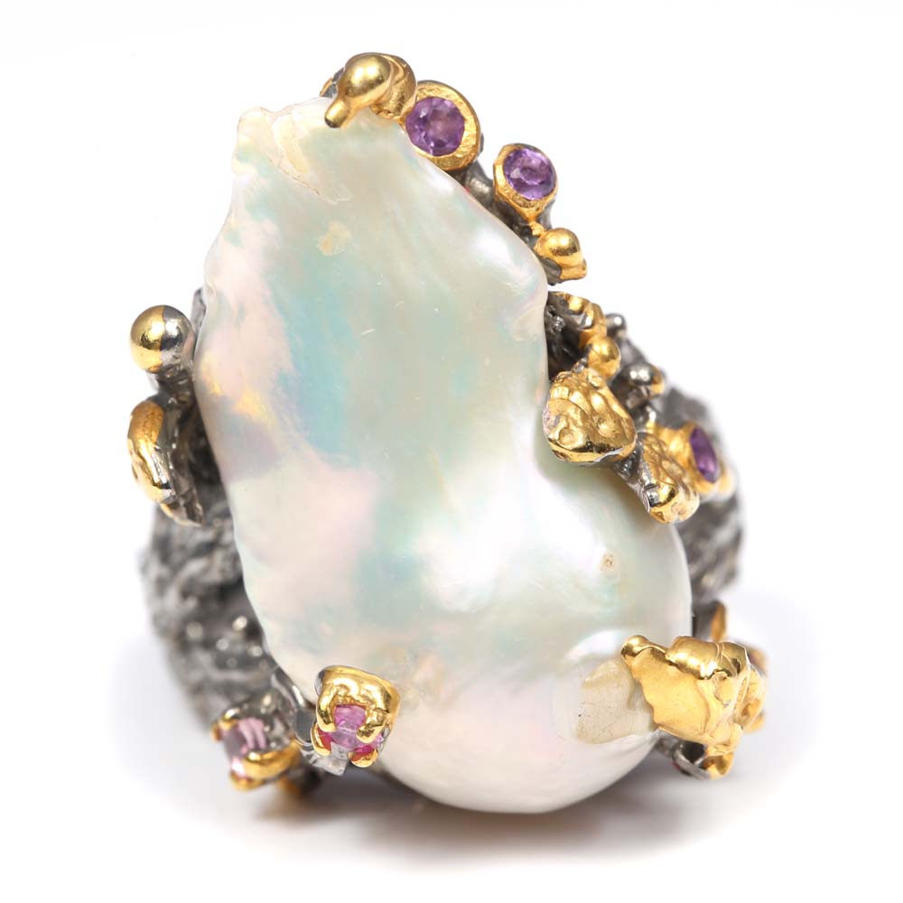 Sterling Silver Freshwater Pearl and Multi-Gemstone Ring