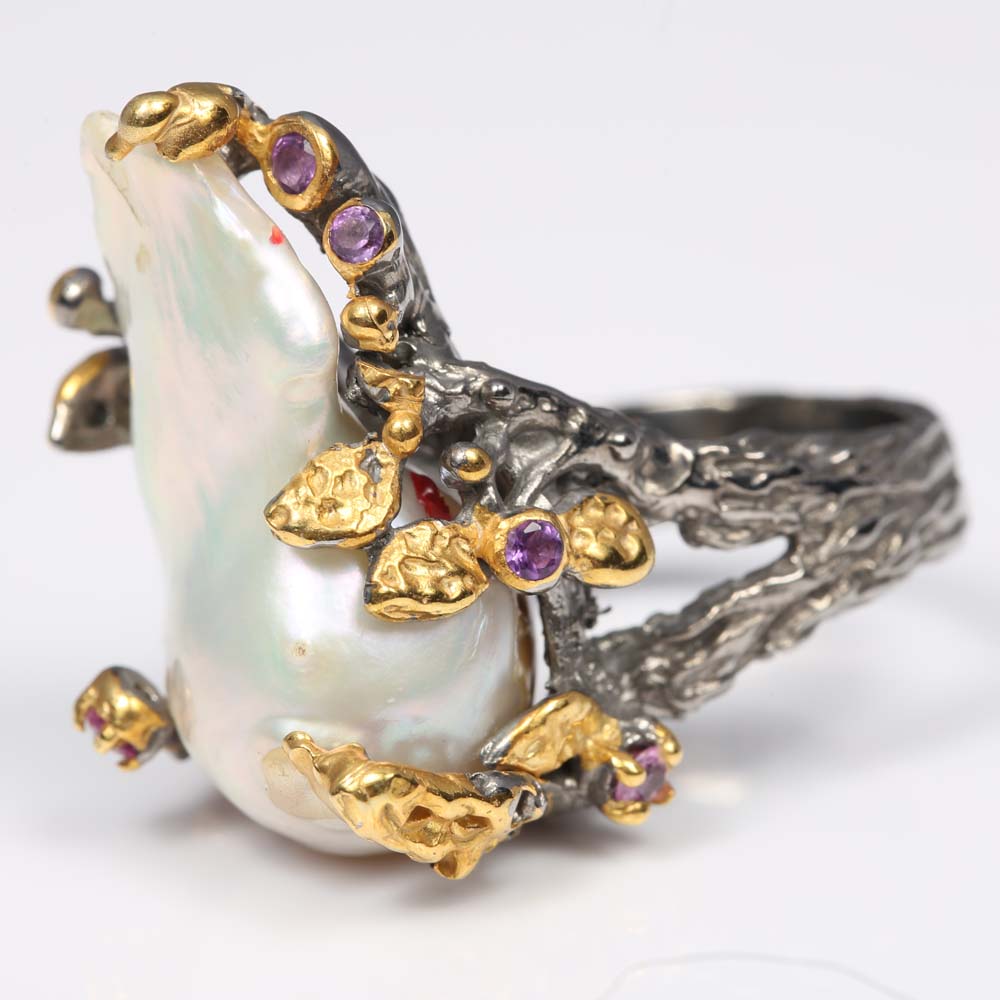Sterling Silver Freshwater Pearl and Multi-Gemstone Ring
