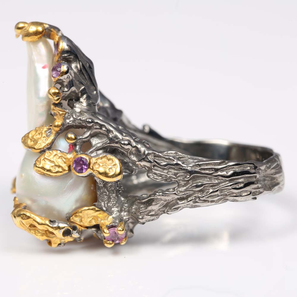 Sterling Silver Freshwater Pearl and Multi-Gemstone Ring