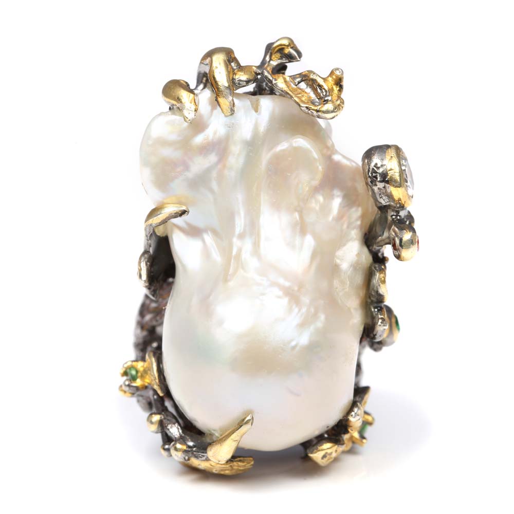 Oxidized Sterling Silver, Freshwater Pearl, Citrine, and Emerald Ring