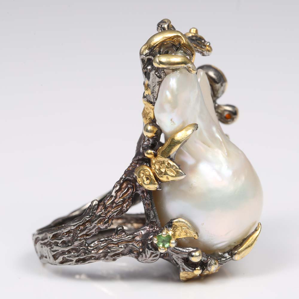 Oxidized Sterling Silver, Freshwater Pearl, Citrine, and Emerald Ring