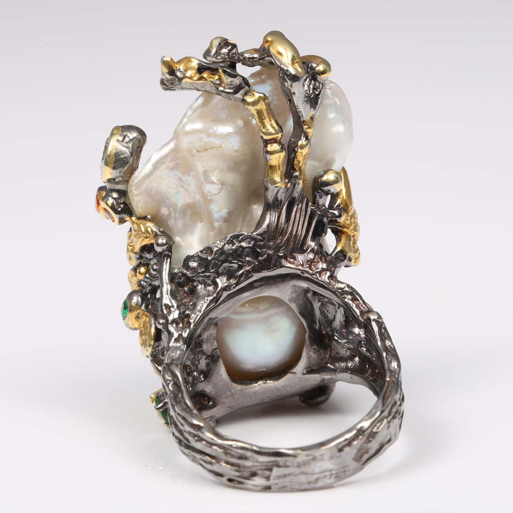 Oxidized Sterling Silver, Freshwater Pearl, Citrine, and Emerald Ring