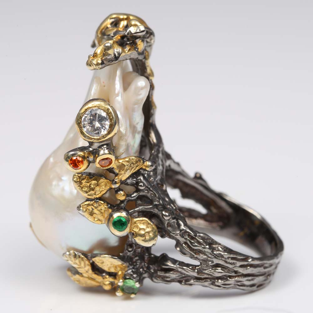 Oxidized Sterling Silver, Freshwater Pearl, Citrine, and Emerald Ring