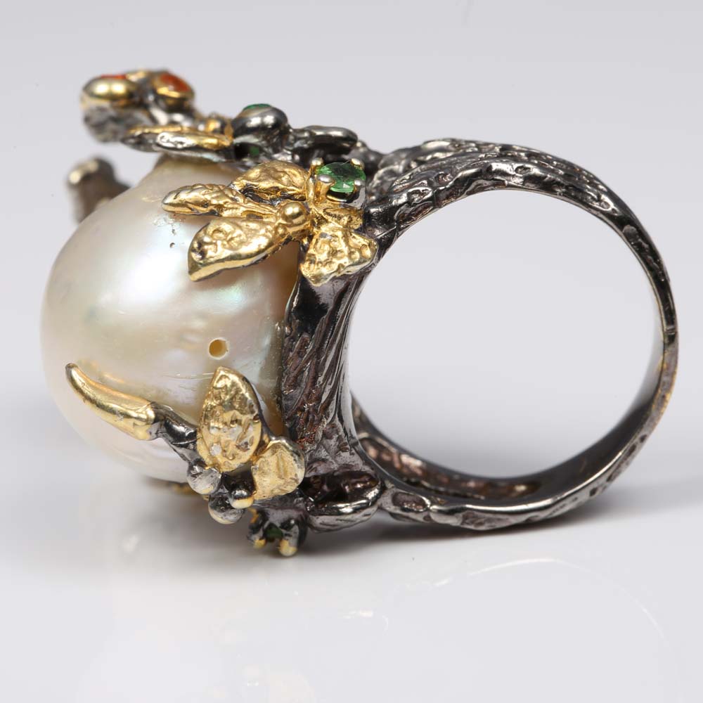 Oxidized Sterling Silver, Freshwater Pearl, Citrine, and Emerald Ring