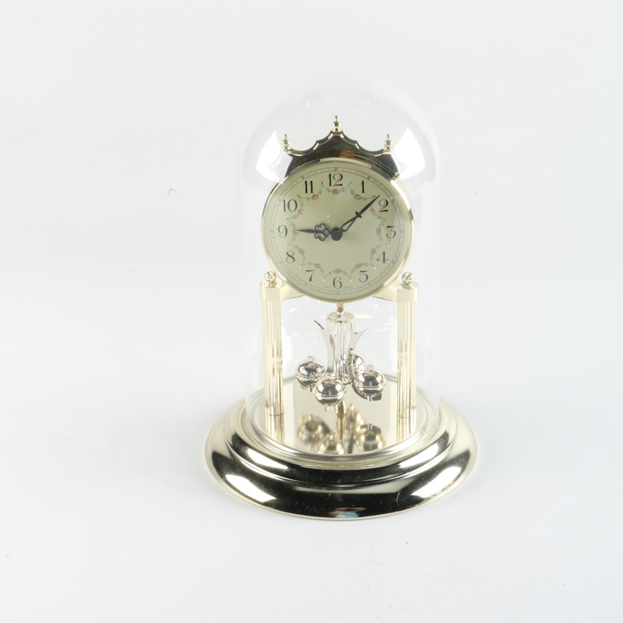 Metal and Glass Dome Anniversary Clock with German Floral Dial After Schatz