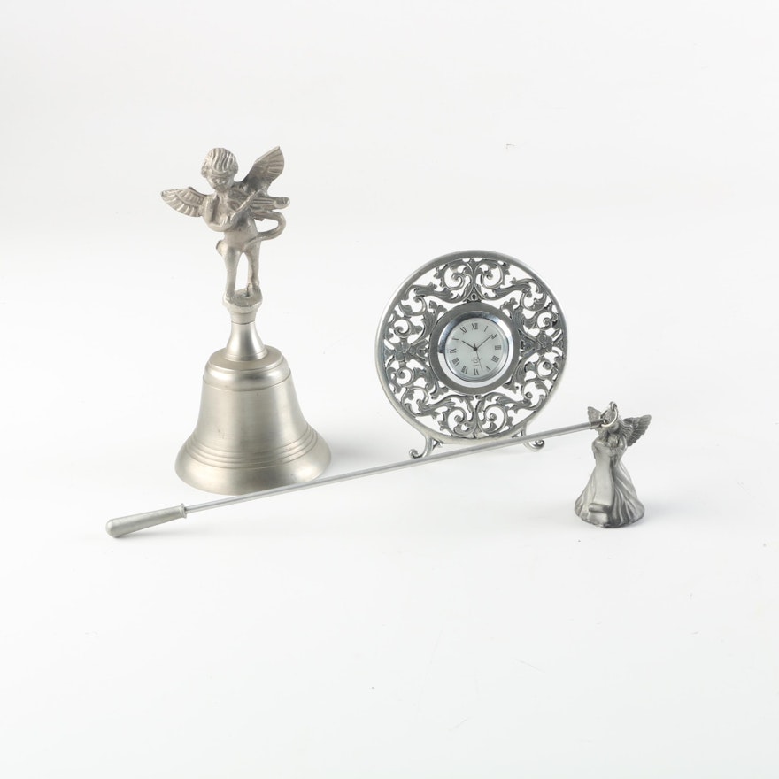 Lenox Kirk Stieff Pewter Clock with Metal Angel Motif Bell and Candle Snuffer
