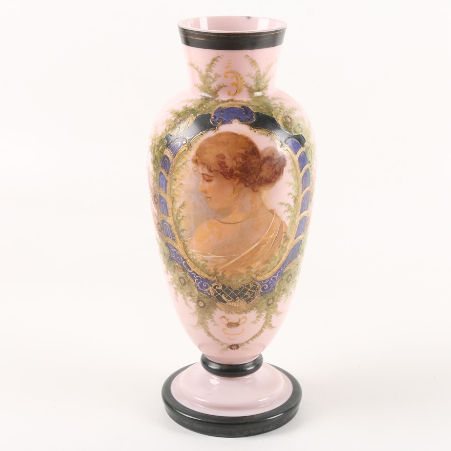Pink Milk Glass Vase with Transferred Image and Hand-Painted Accents