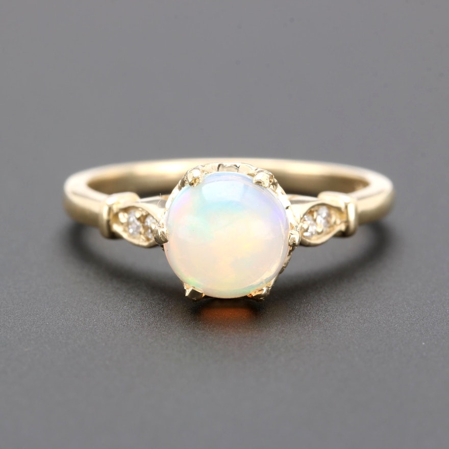 14K Yellow Gold Opal and Diamond Ring