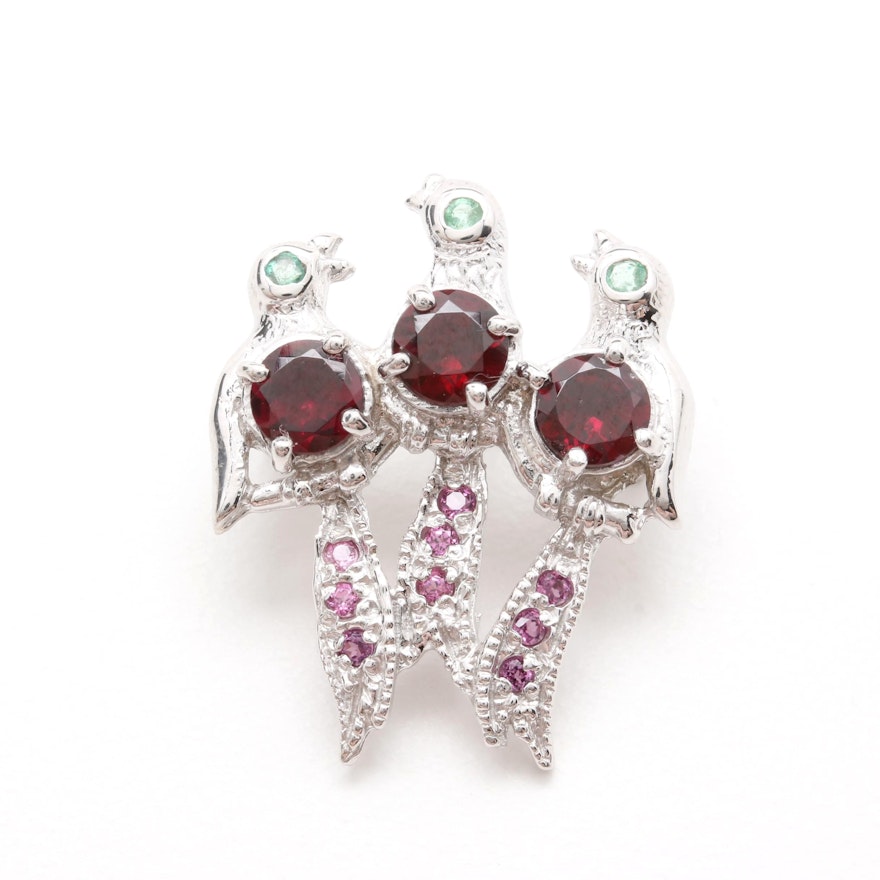 Sterling Silver Garnet, Emerald, and Rhodolite Garnet Brooch