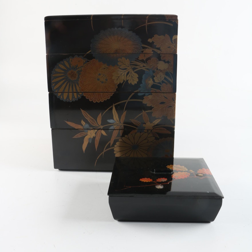 Japanese Lacquered Wooden Stacking Storage Boxes