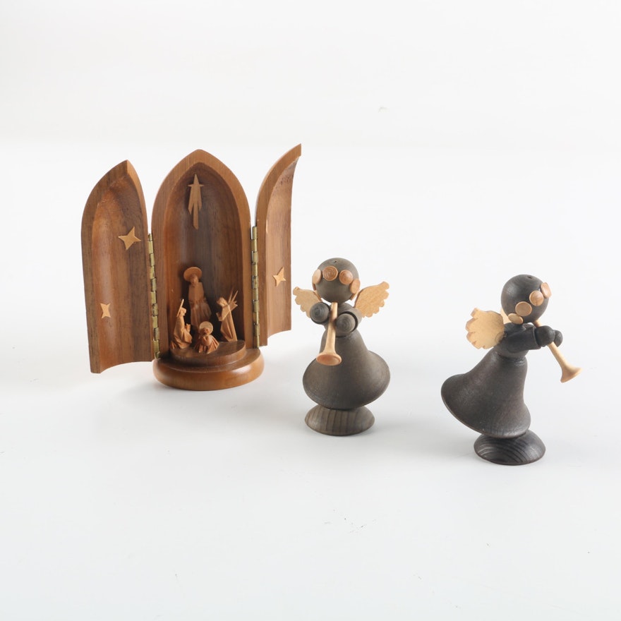 GG Lang sel. Erban German Wooden Nativity Scene with Angel Figurines