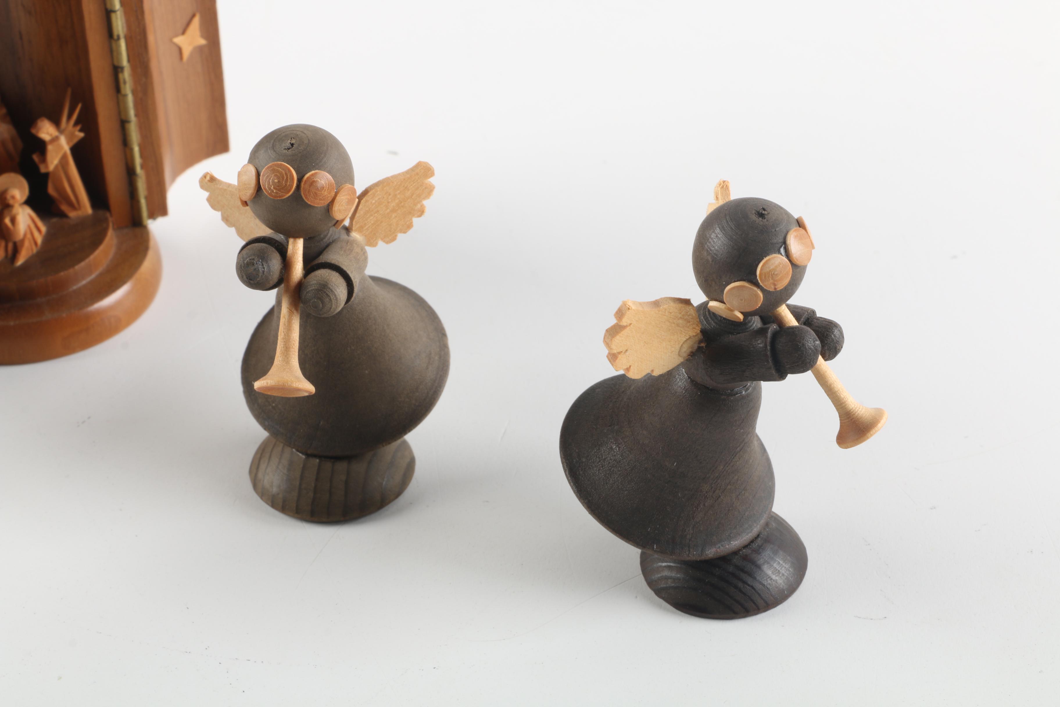 GG Lang sel. Erban German Wooden Nativity Scene with Angel Figurines