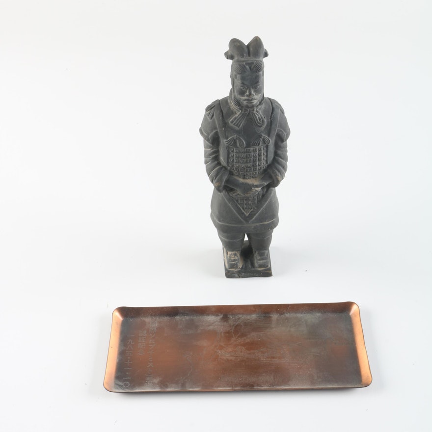 Chinese Replica Terracotta Warrior and 1985 Japanese Commemorative Copper Tray