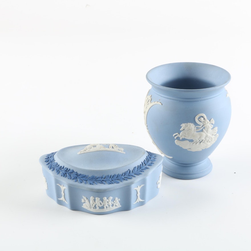 Wedgwood Blue Jasperware Vase and Trinket Box