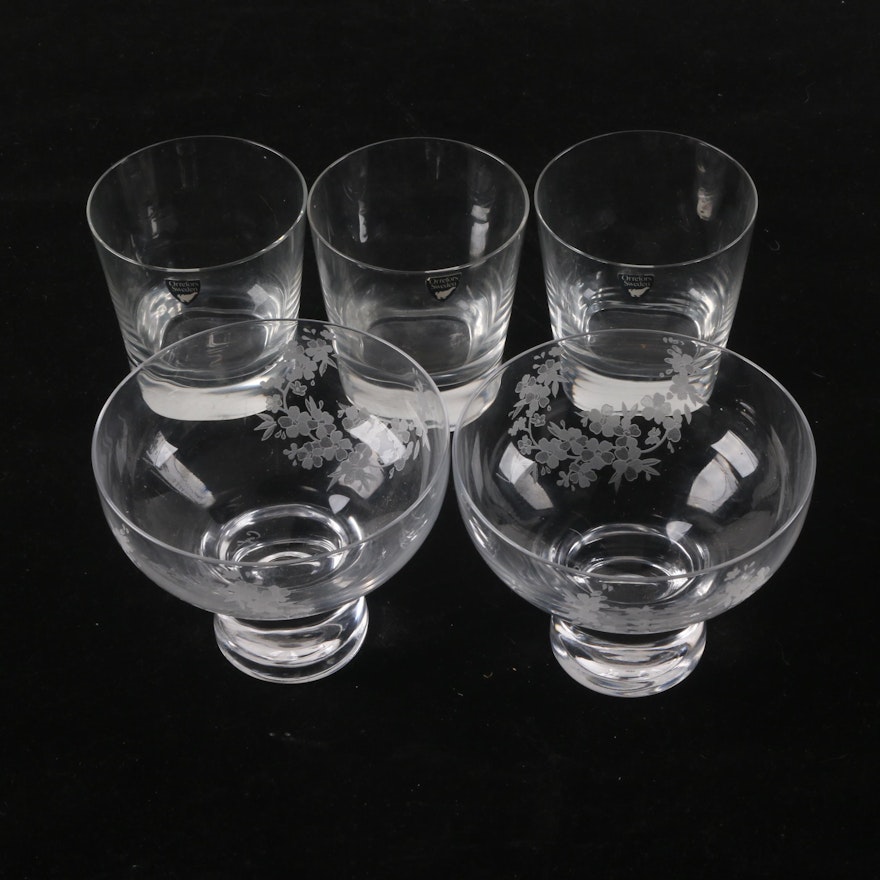 Orrefors Crystal Old Fashioned Glasses and Coyle Etched Glass Bowls
