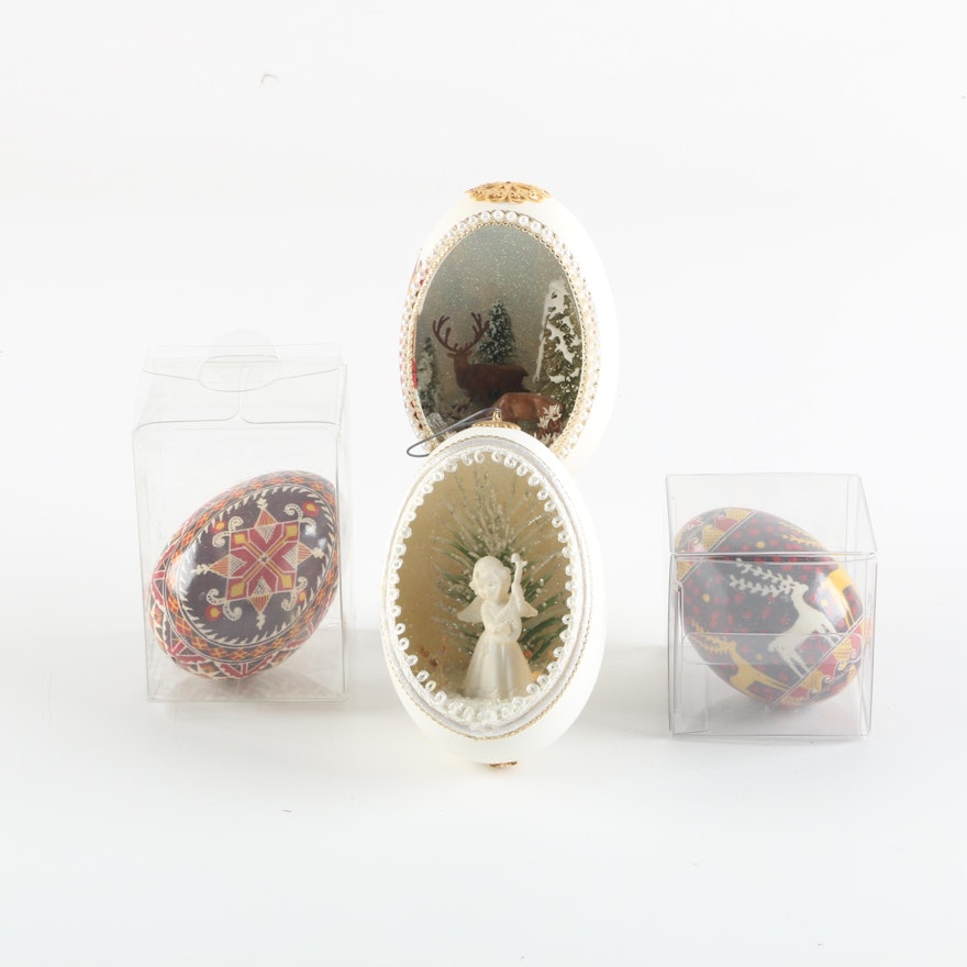 Hand-Painted Egg Shell and Ceramic Christmas Ornaments