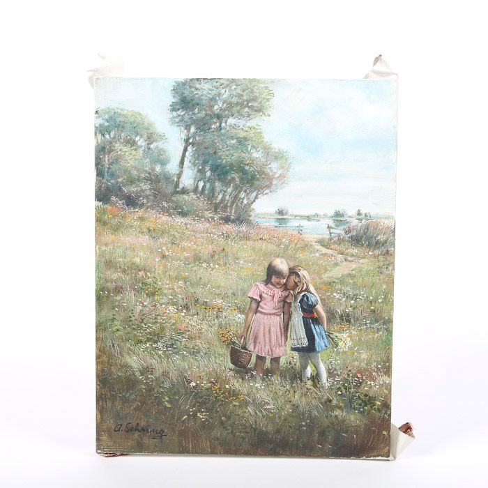 Adolf Sehring Oil Painting of Children in Meadow