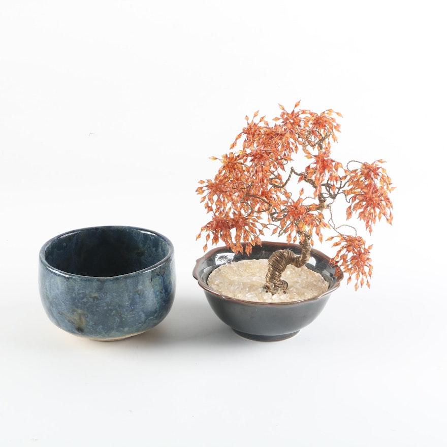 Japanese Ceramic Tea Bowl and Faux Bonsai Tree