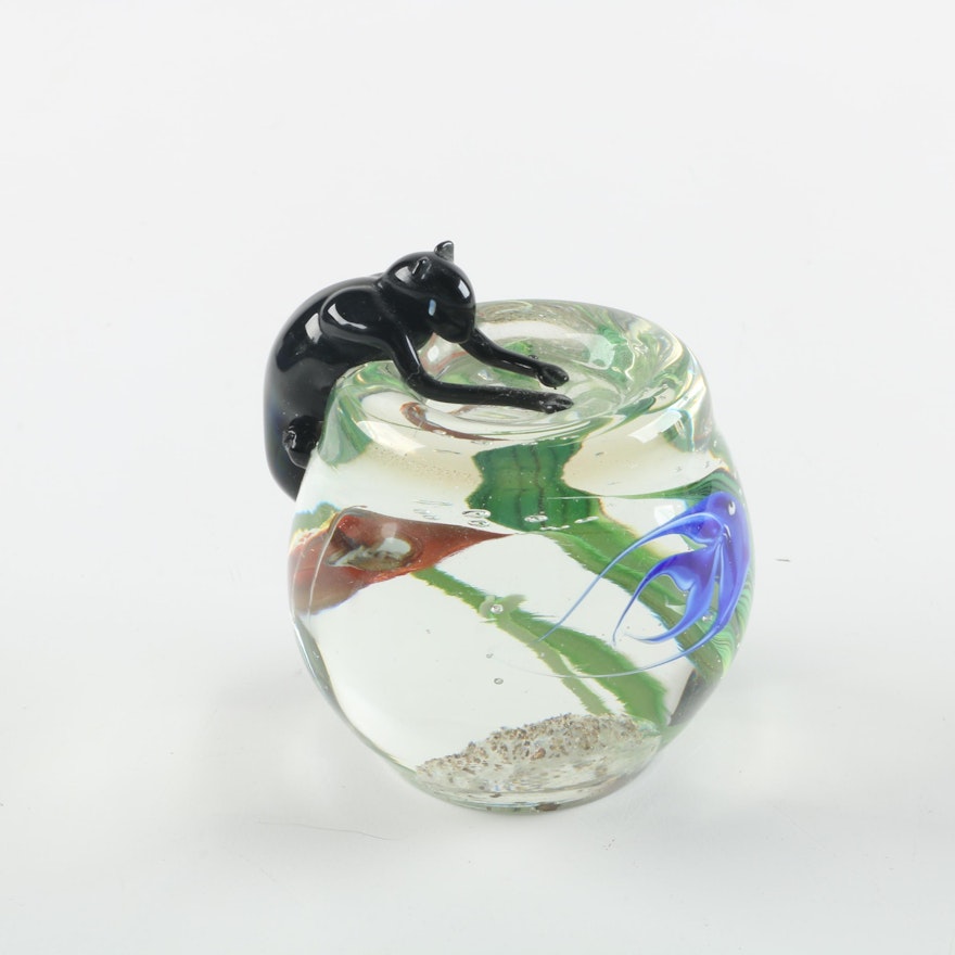 Correia Cat on Fish Bowl Art Glass Paperweight